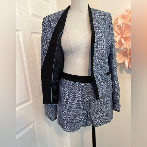 H&M Tweed Short Set Suit Blue White With Black Trim Size 14 - Picture 2 of 7